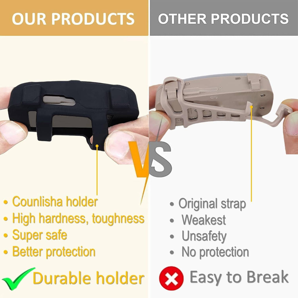 Durable silicone holder vs strap design shown with black case and collar strap