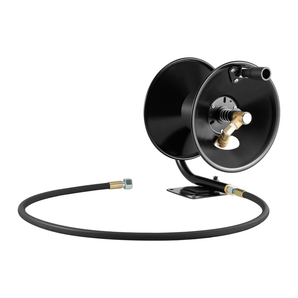 Black dual-drum hose reel with brass fittings and coiled pressure washer hose