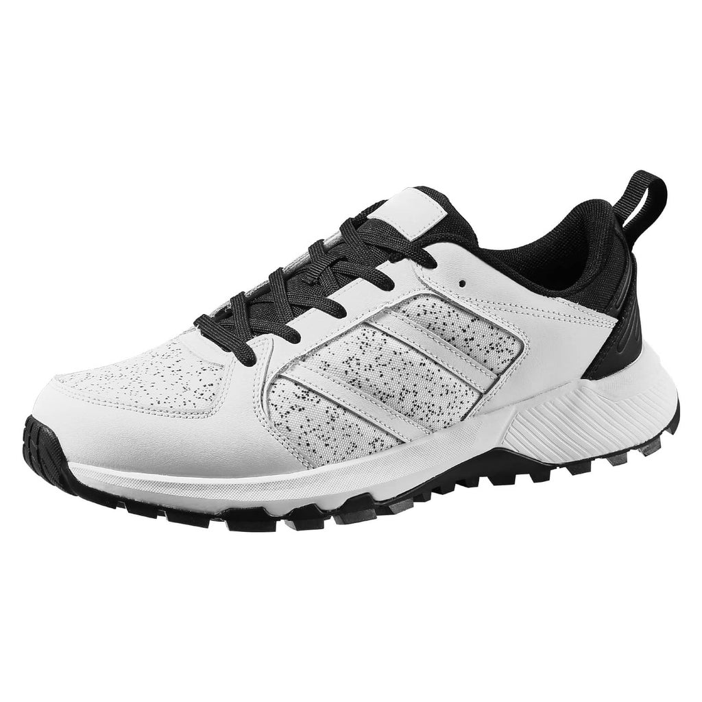 White lace-up cross-training sneaker with speckled panels and black tread sole