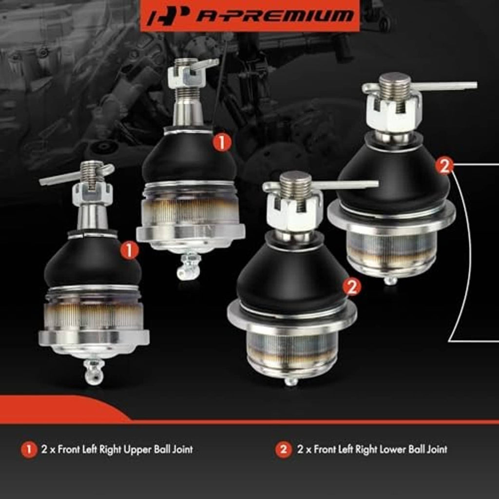 Ball joint kit with four assemblies: upper and lower joints, black rubber boots