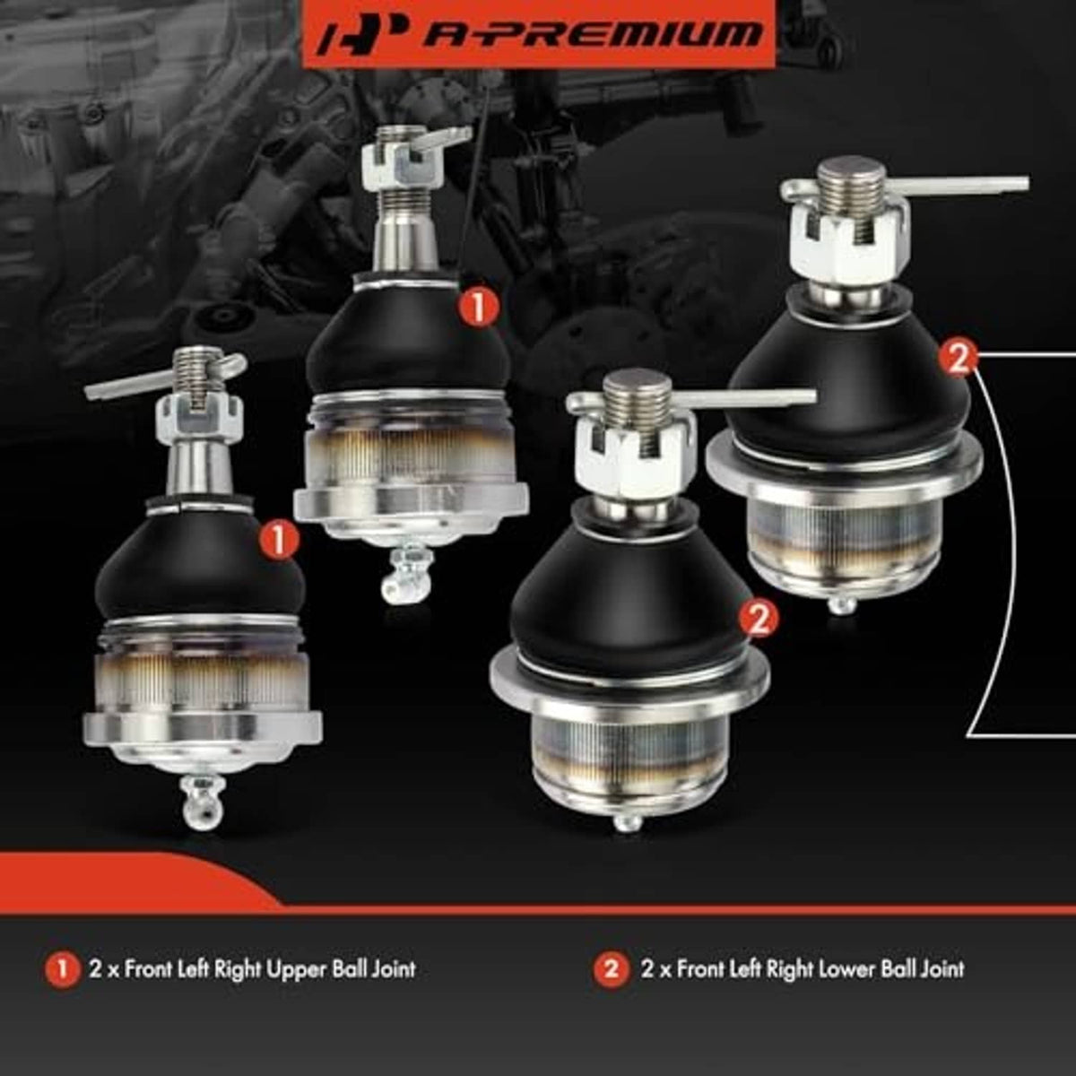 Ball joint kit with four assemblies: upper and lower joints, black rubber boots