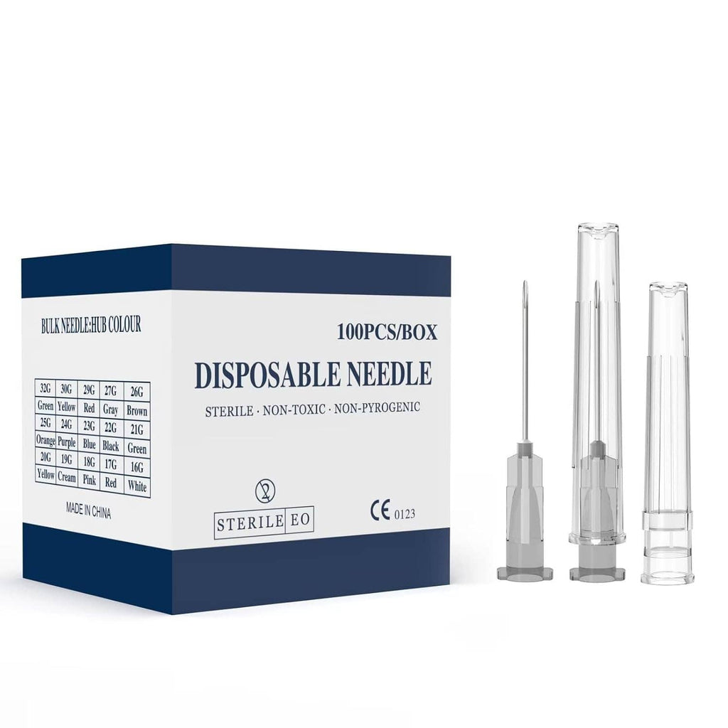 Sterile disposable luer lock needle box, 100 pcs, shown with three needles