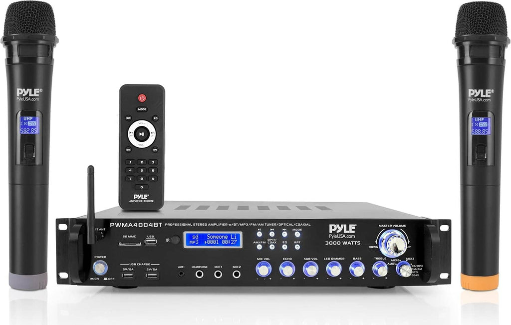 Bluetooth hybrid pre-amplifier rack system with two wireless microphones and remote control