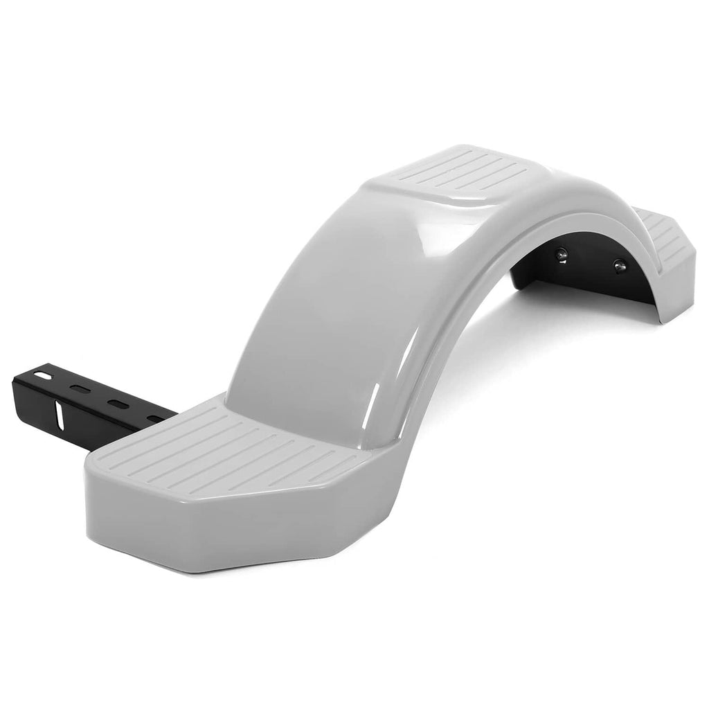 Gray trailer fender with step treads and black mounting plate