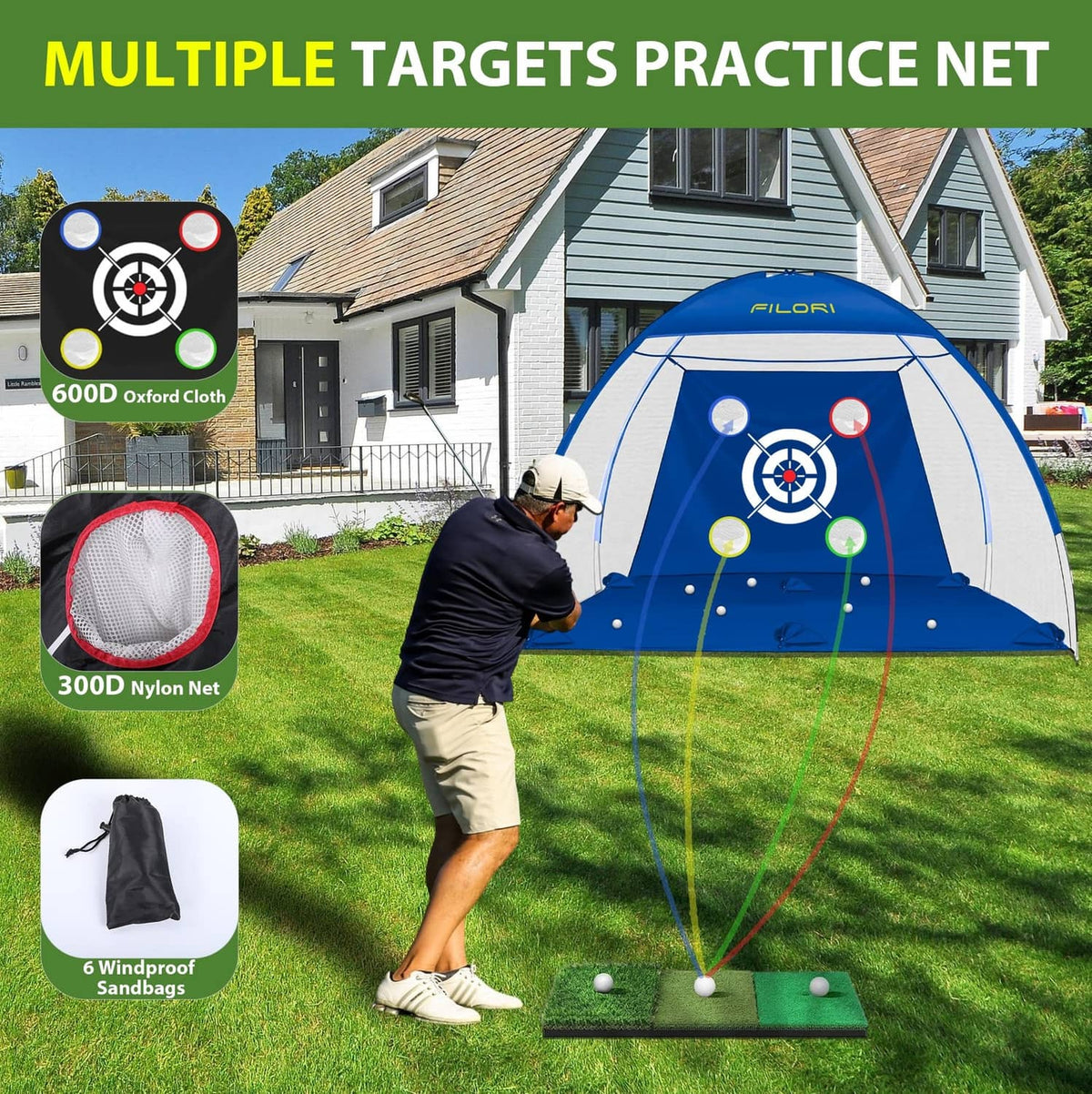 Blue golf practice net with target cloth and tri-turf hitting mat, with golf balls