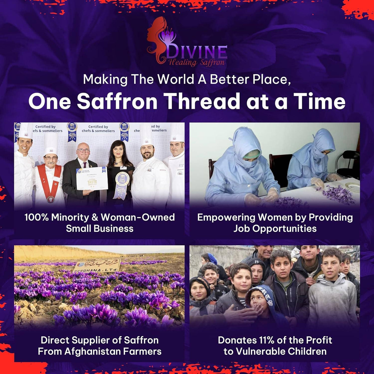 Saffron brand impact infographic with workers, fields of flowers, and community messages