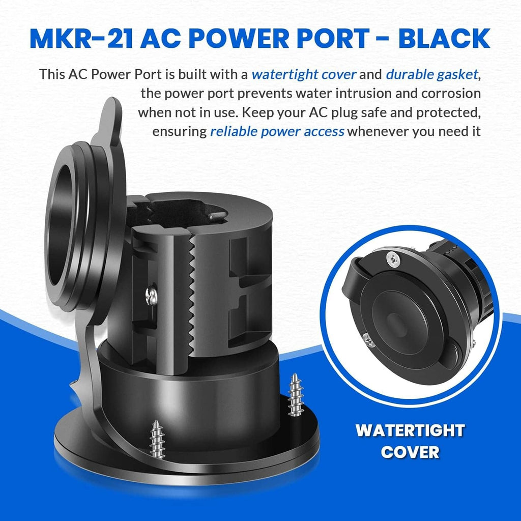 Black AC power port base with watertight cover and protective gasket detail