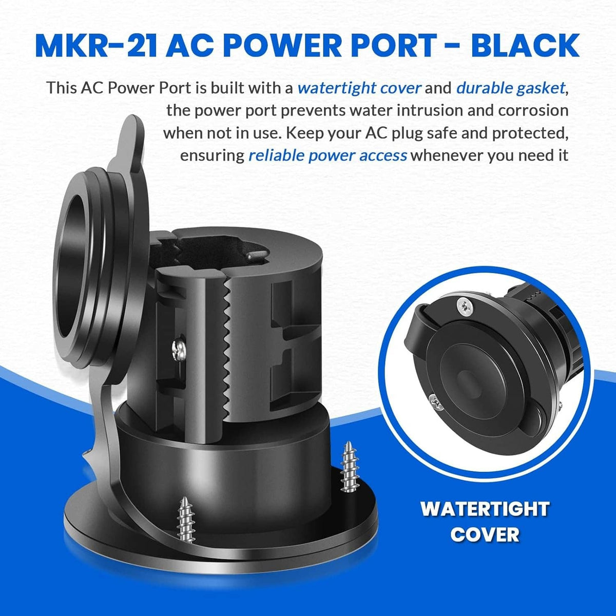 Black AC power port base with watertight cover and protective gasket detail