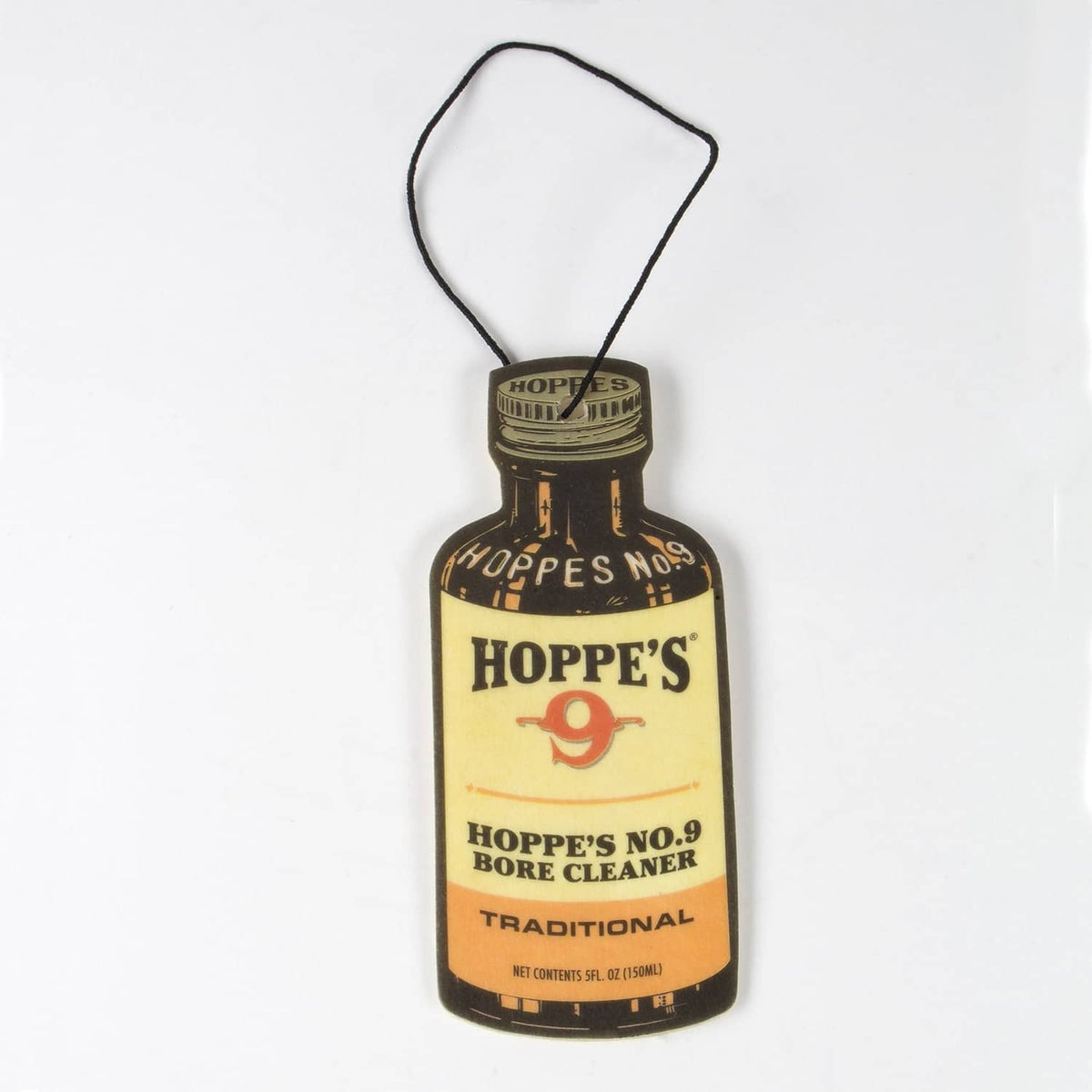 Hoppe's No. 9 air freshener bottle with hanging loop, brown bottle and tan label