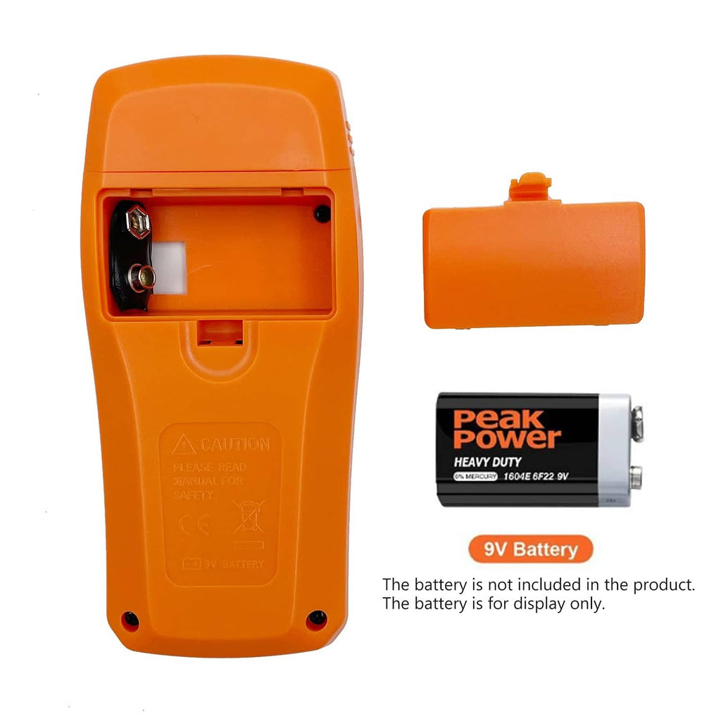 Orange digital moisture meter rear view with battery compartment and 9V label