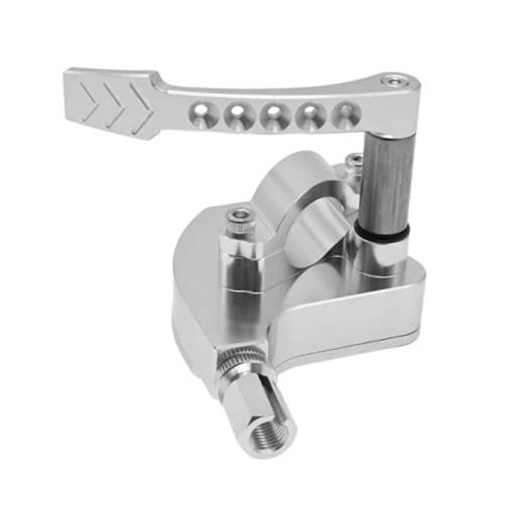 Silver CNC thumb throttle lever with billet clamp housing and mounting stud