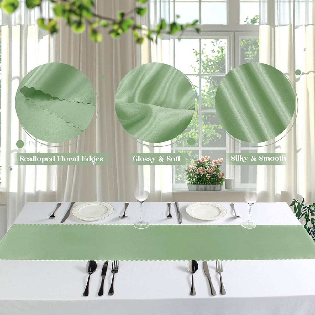 Sage green satin table runner laid across a dining table with place settings