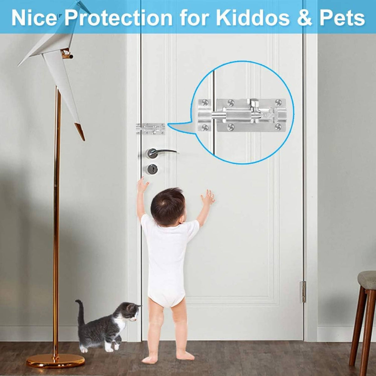 Stainless barrel bolt slide latch installed on a door for kid and pet safety