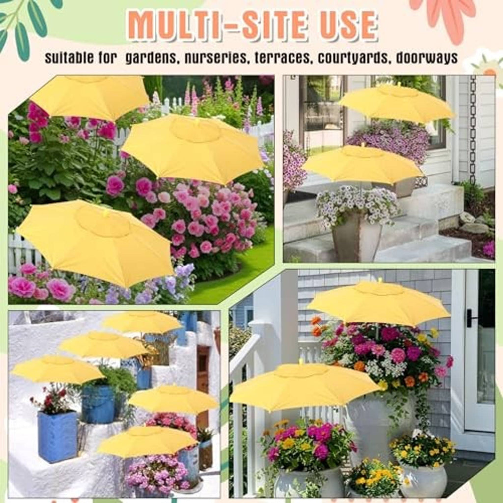 Multiple yellow plant shade umbrellas placed around garden planters and entries