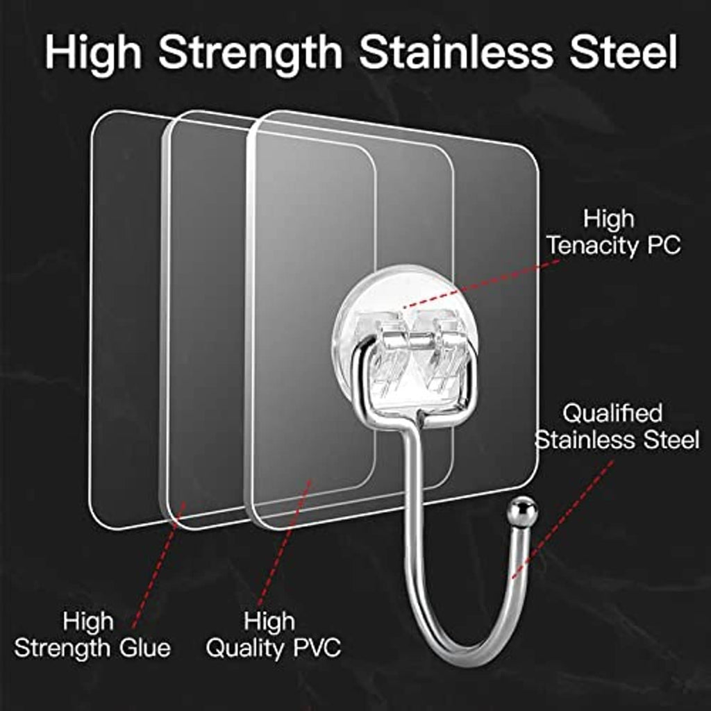Large wall hook with stainless steel hook, clear top plate, and reinforced PC/PVC protective backing