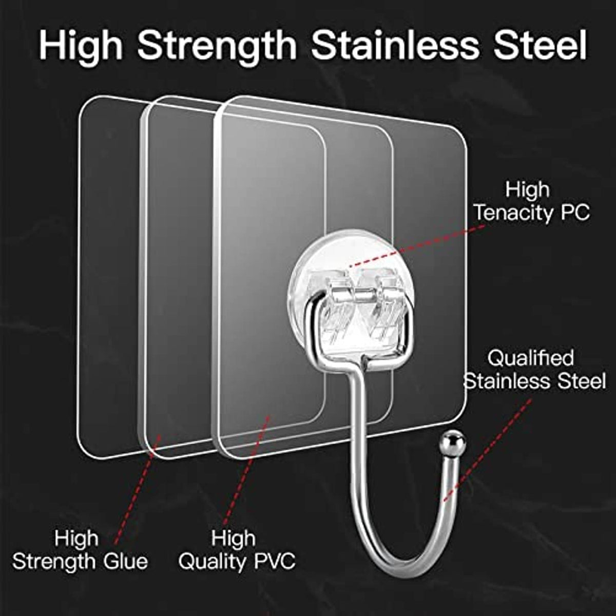 Large wall hook with stainless steel hook, clear top plate, and reinforced PC/PVC protective backing
