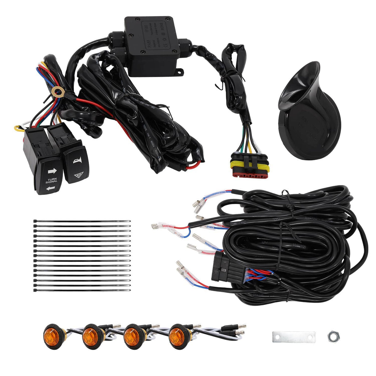 Complete turn signal horn kit with black horn, amber light bulbs, switches, and wiring harness