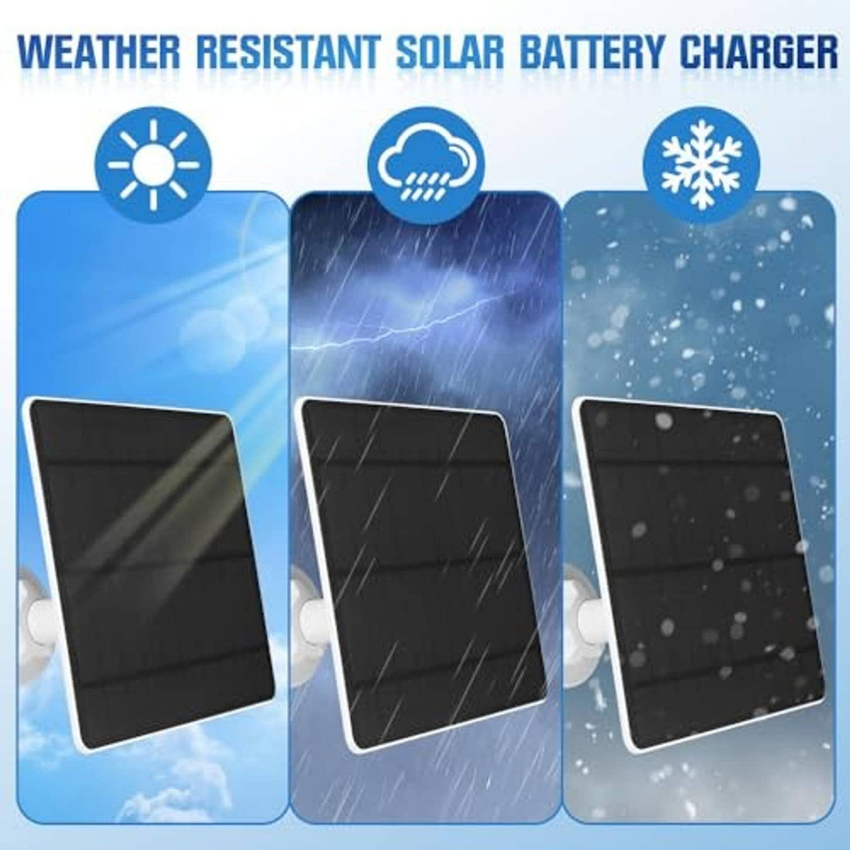 Weather resistant solar panel battery charger with two black panels and white mount