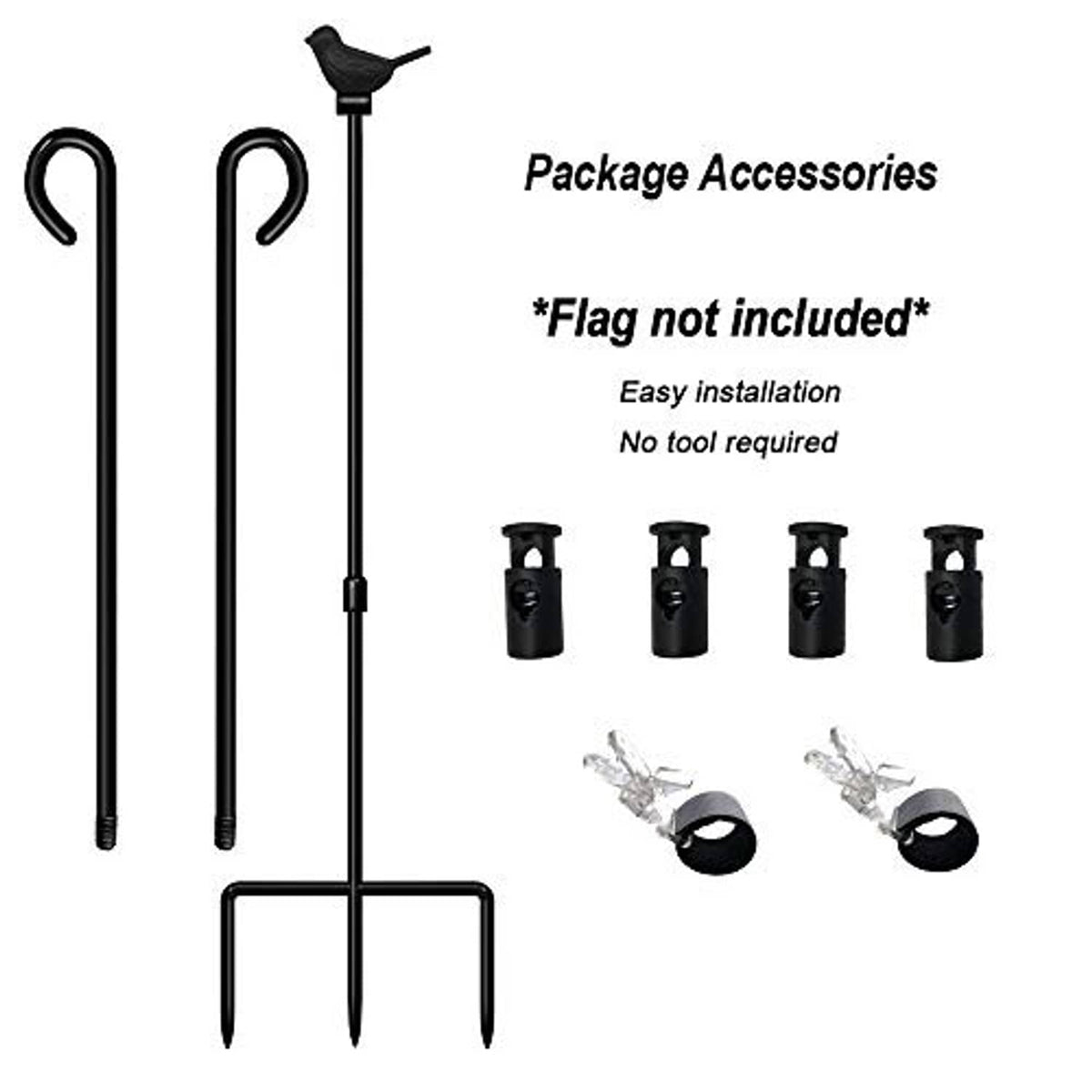 Black double flag stand hardware set: poles, base stakes, and clips