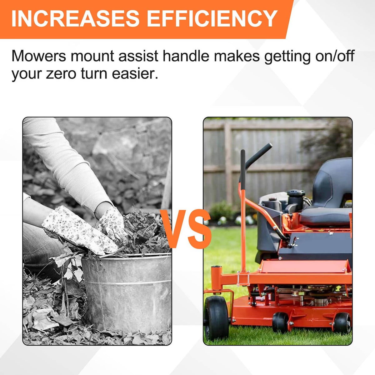 Zero-turn mower with raised orange mount assist handle for easier on and off