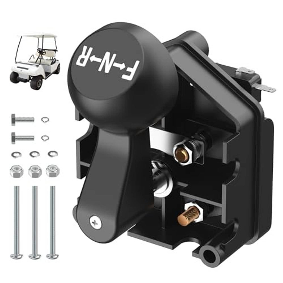 Forward/reverse switch assembly with handle, black housing, and electrical terminals
