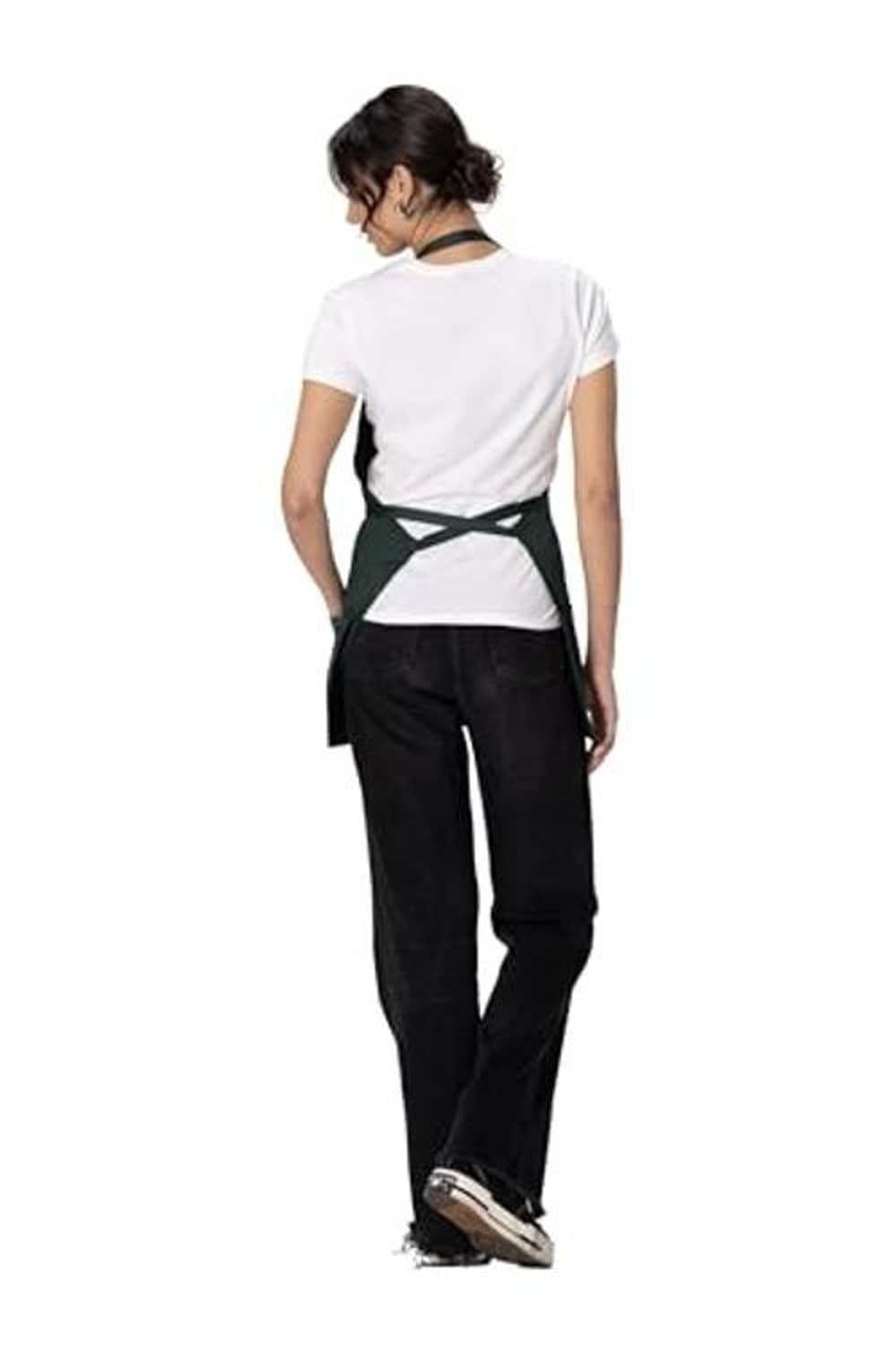Hunter green three-pocket apron from the back with cross neck and waist tie