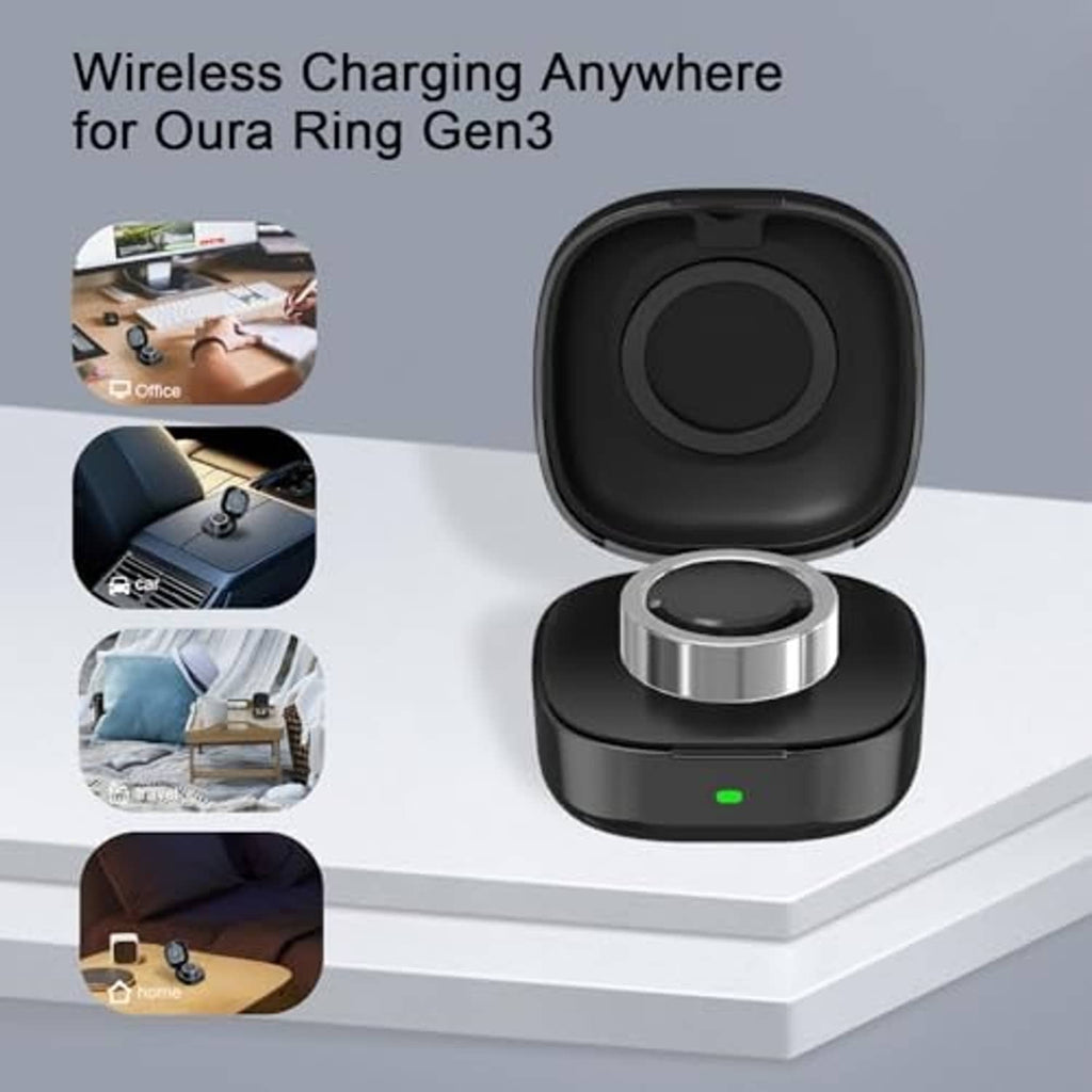 Black wireless charging case on stand with open lid and metal charging contact, green light