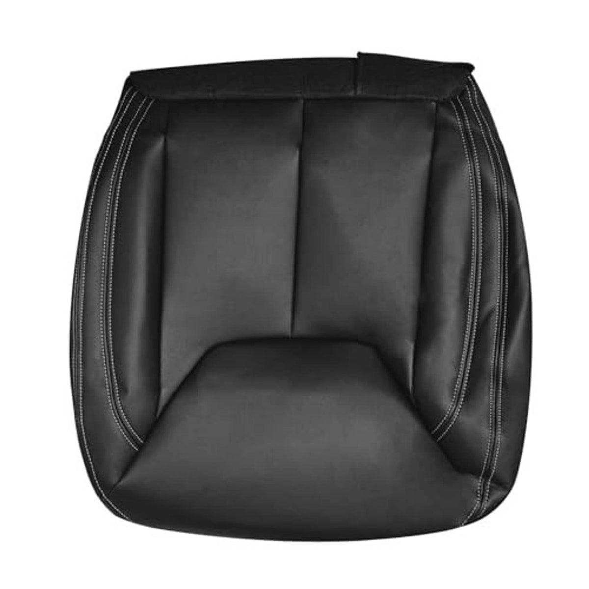 Black leather seat cover interior view with center seam and curved bottom panel
