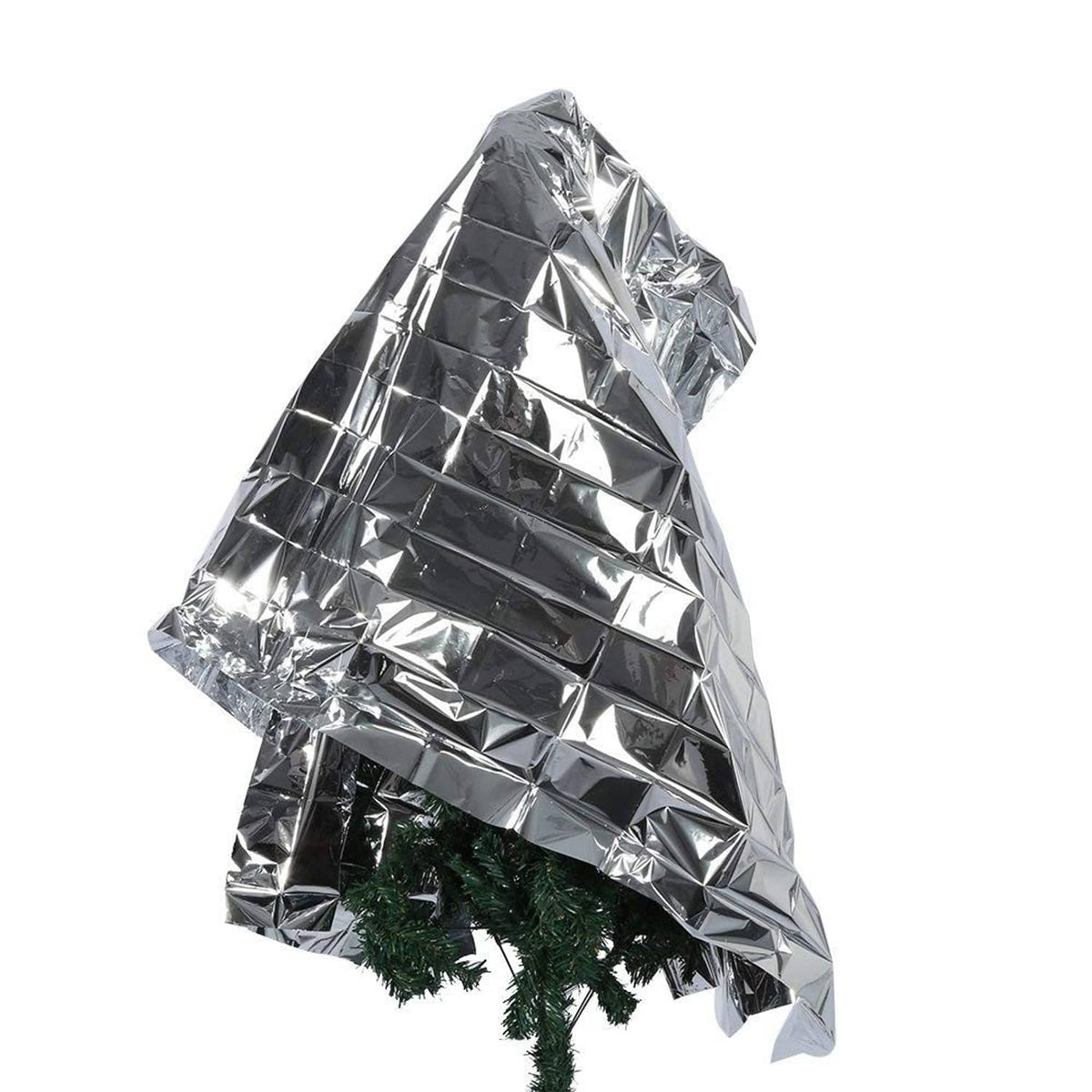 Silver reflective mylar film greenhouse cover, draped over a peaked frame