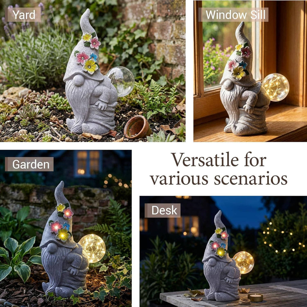 Solar garden gnome statue with flower LEDs and glowing bubble light in multiple locations