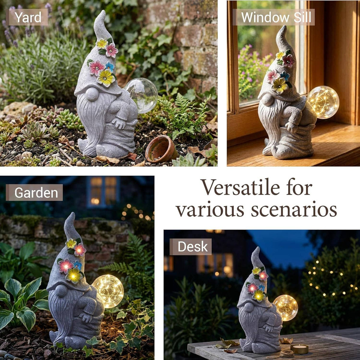 Solar garden gnome statue with flower LEDs and glowing bubble light in multiple locations