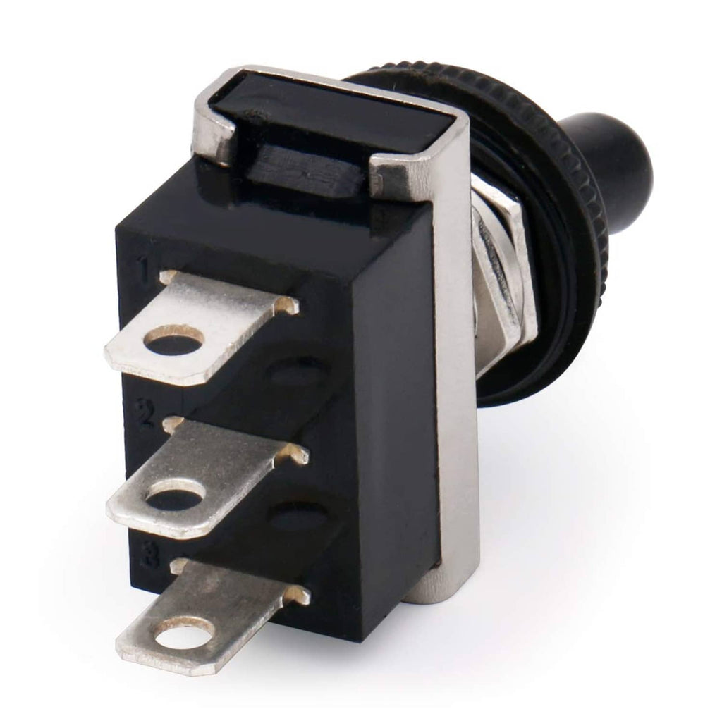 Car toggle switch with black lever and mounting pins, metal switch body