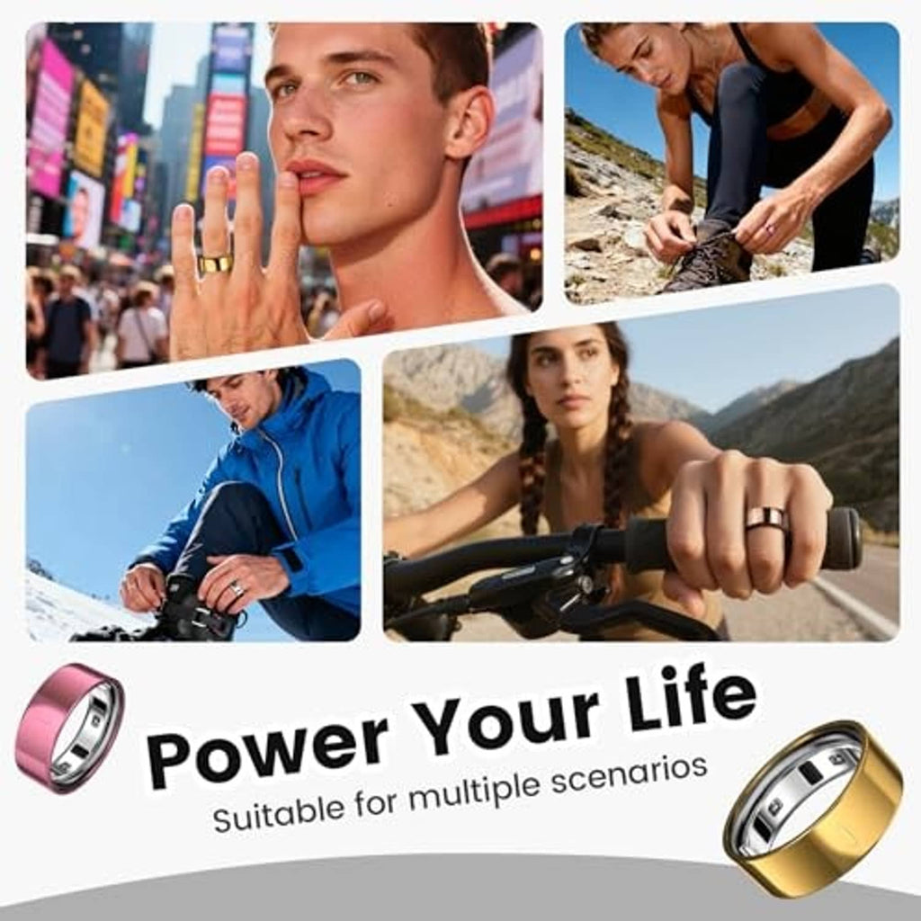 Rose gold and gold Oura ring covers for active use, shown on hands and outdoors