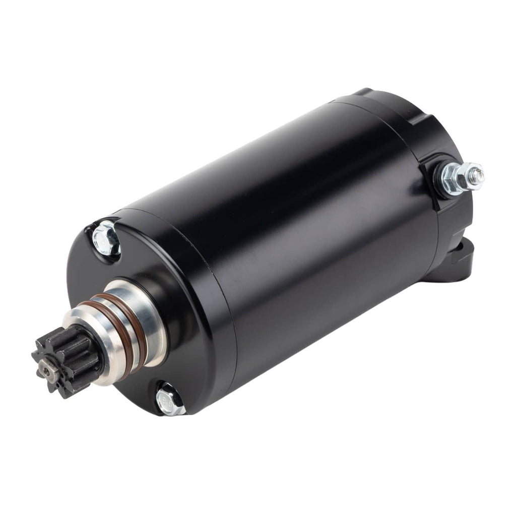 Black starter motor with exposed drive shaft and mounting bracket hardware