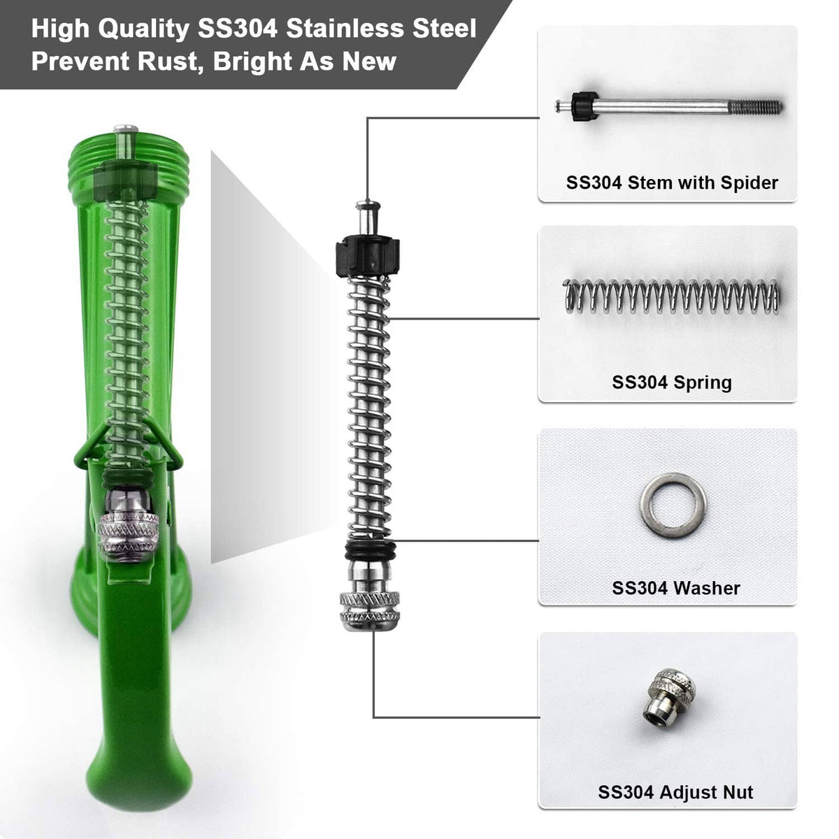 Green hose nozzle with stainless steel spring, washer, and adjust nut parts