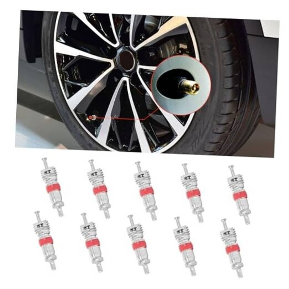 Set of TPMS tire valve stem cores, silver metal with red sealing gasket, 10 pieces
