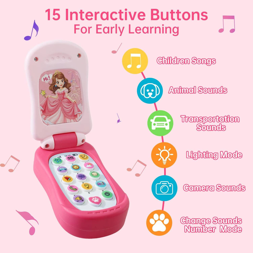 Pink learning phone toy with open keypad and colorful interactive buttons