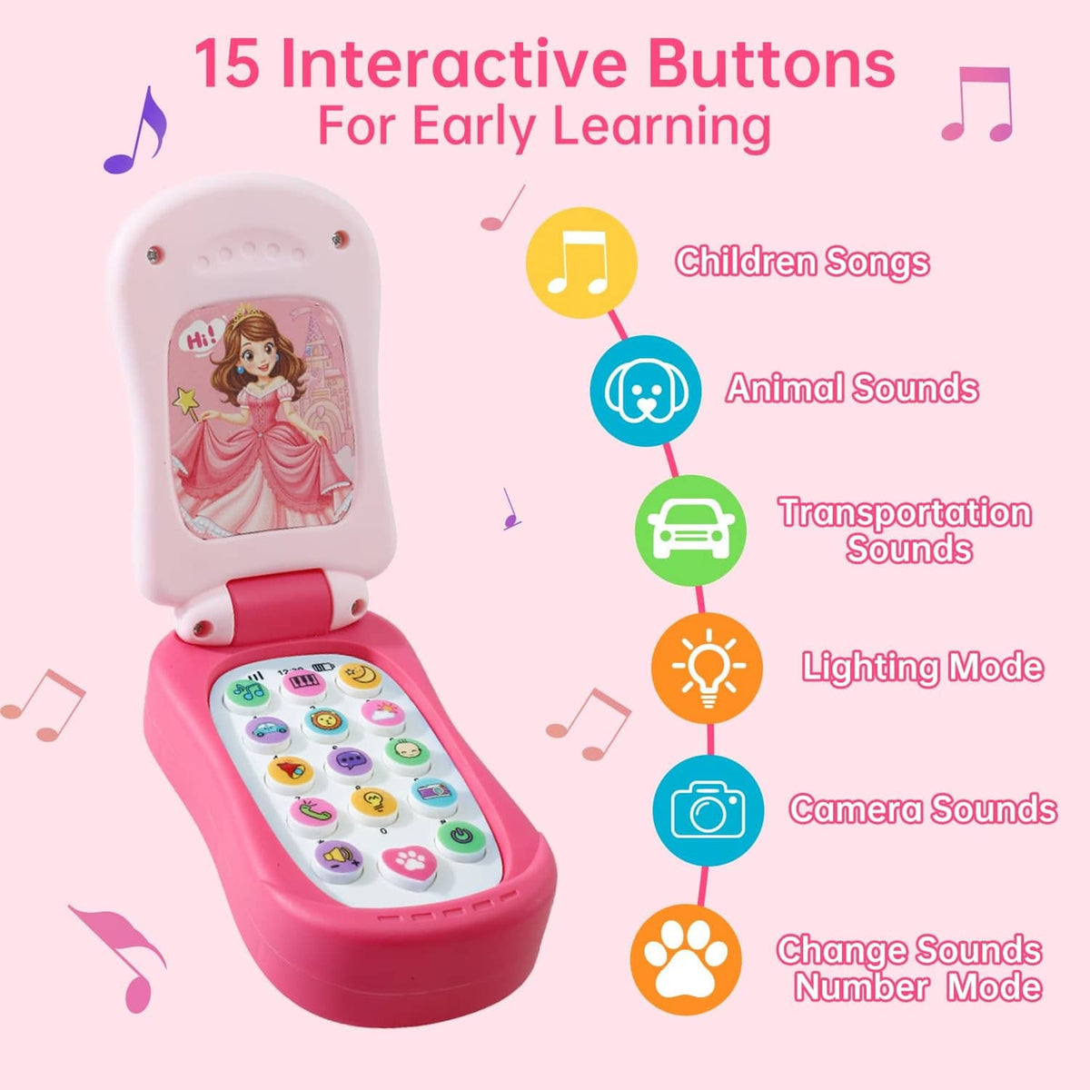Pink learning phone toy with open keypad and colorful interactive buttons
