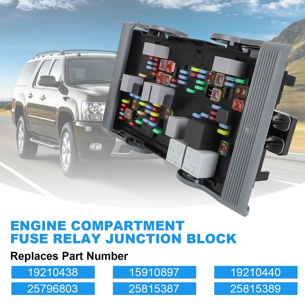 Electrical fuse relay junction block with open cover showing colored fuses and relays