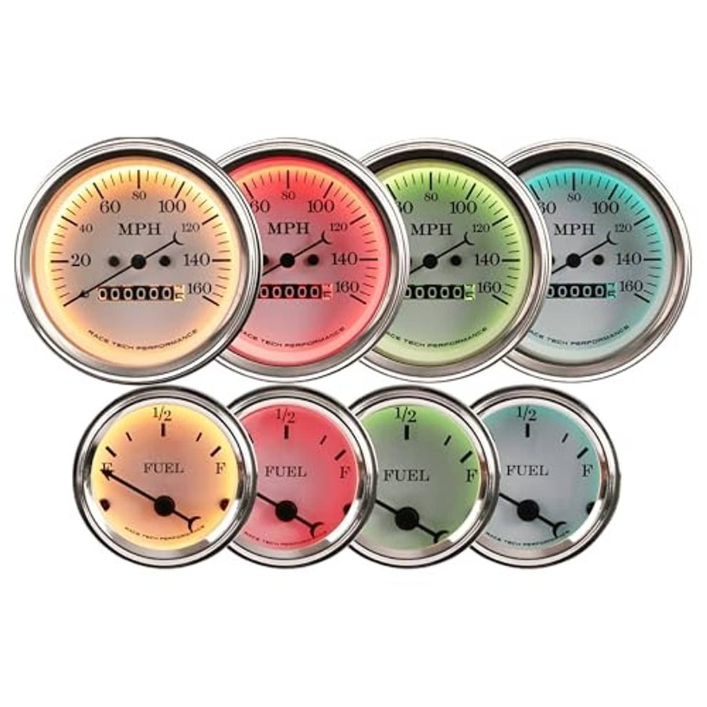 Row of four gauges with chrome rings and colored backlit faces plus four small fuel gauges
