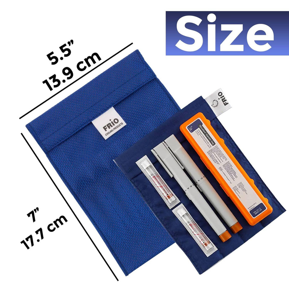 Blue FRIO cooling wallet with size dimensions and interior cooling sticks