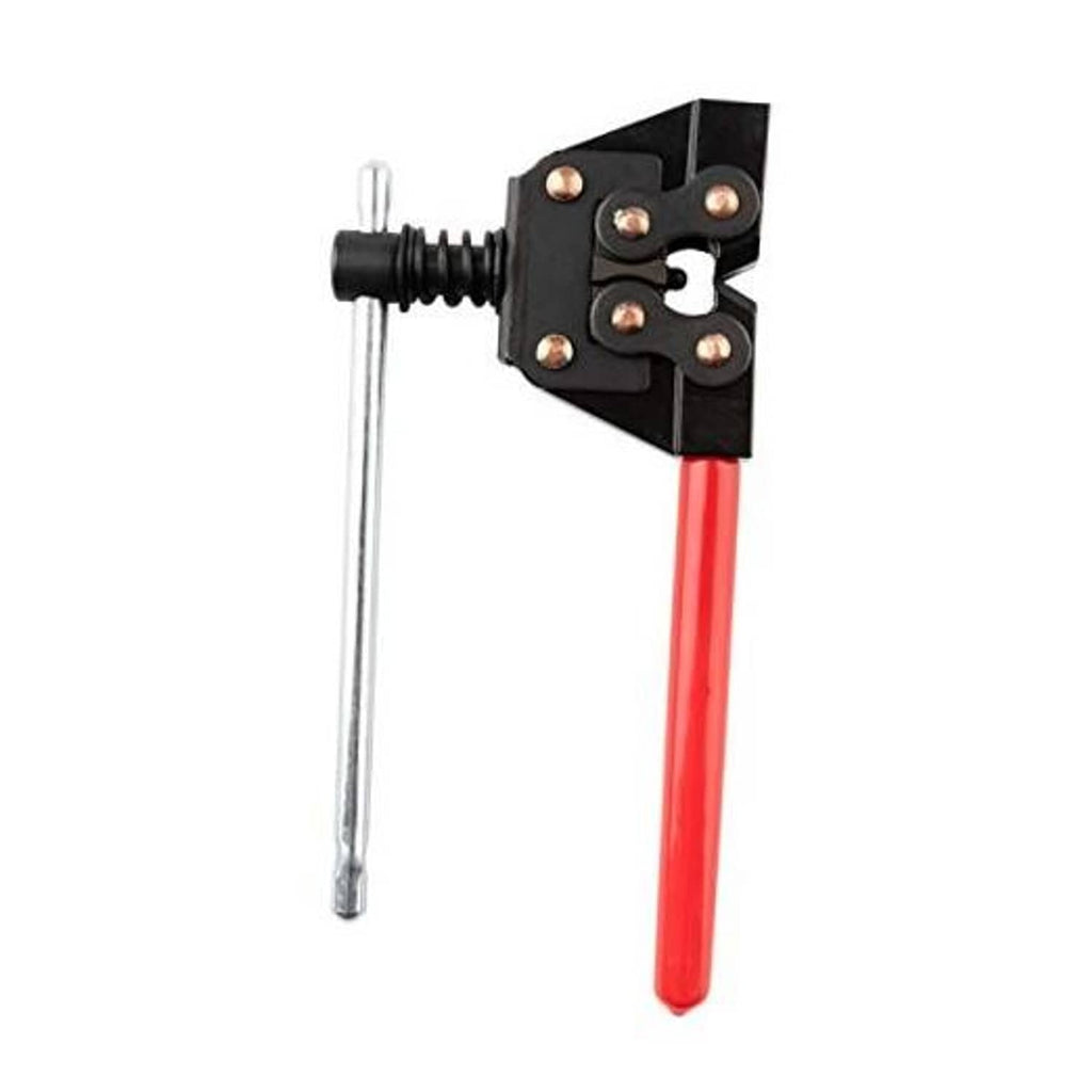 Motorcycle chain breaker tool with red handle, black head, and steel lever rod