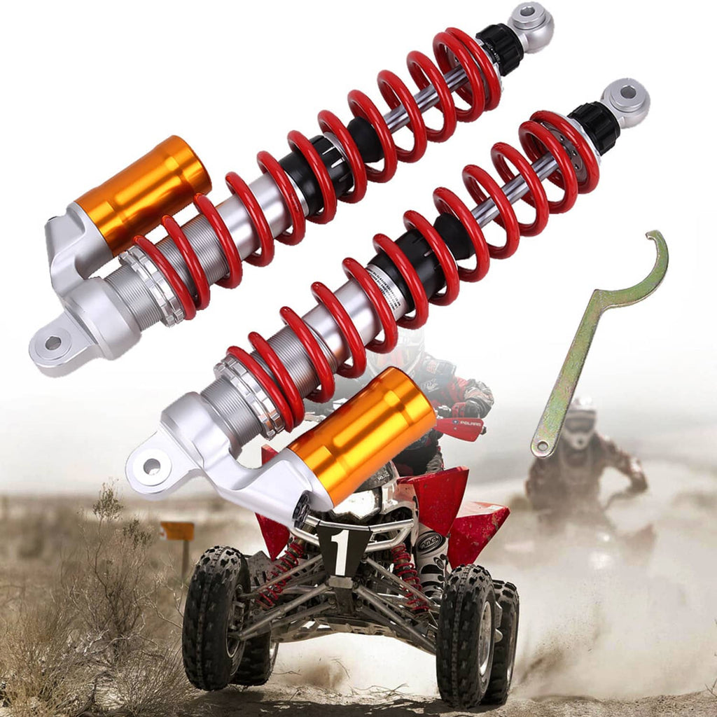 Front shock absorber set with red coil springs, silver body, gold reservoir, mounting hardware