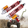 Front shock absorber set with red coil springs, silver body, gold reservoir, mounting hardware