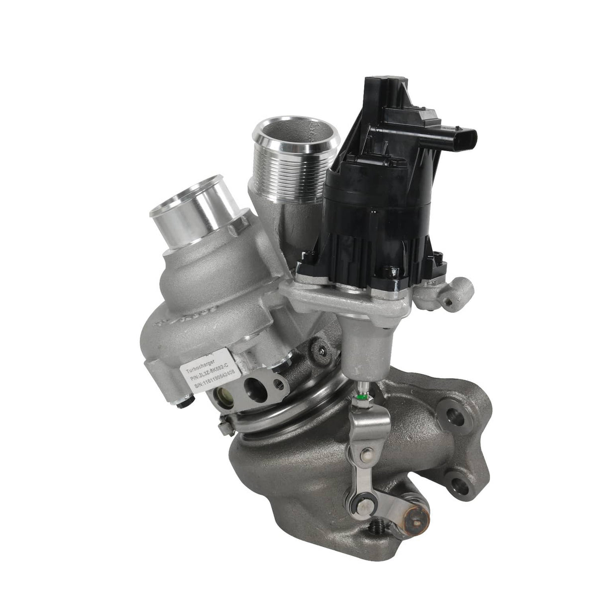 Turbocharger assembly with silver housing and black connector, detailed front view