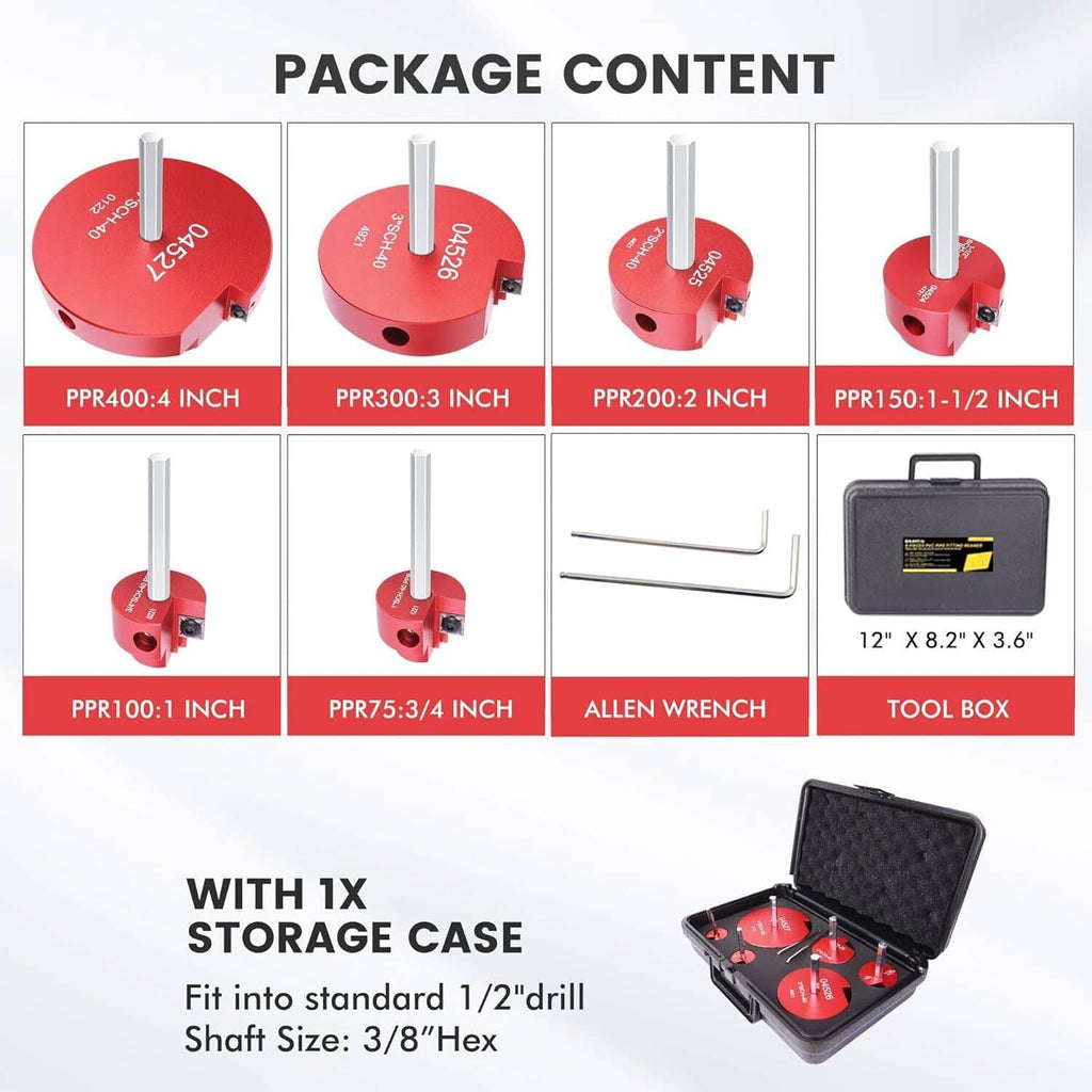 Pipe reamer set with multiple red size heads, hex key, allen wrench, and tool box