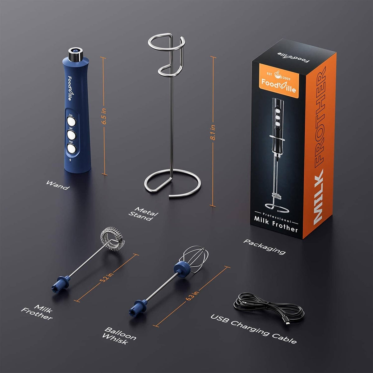FoodVille blue milk frother kit with stand, whisks, and USB charging cable.