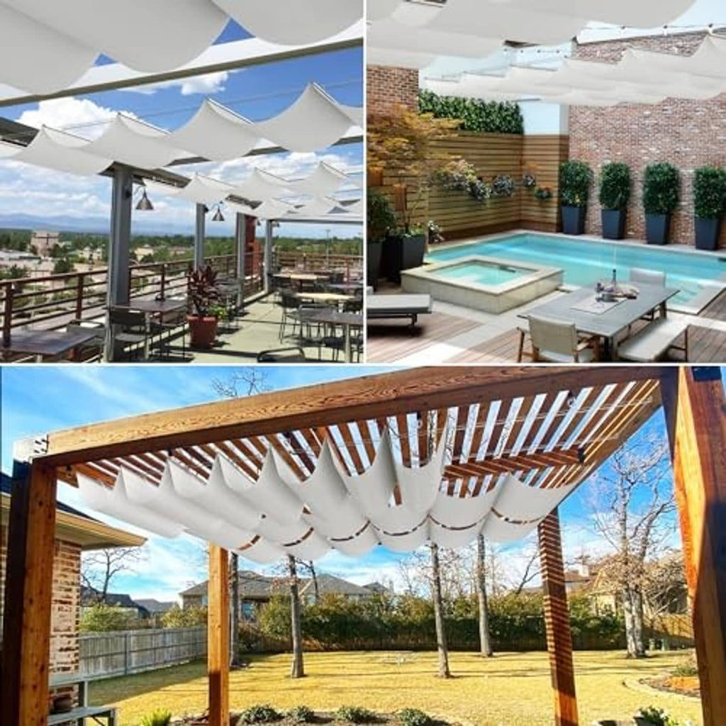White retractable wave shade canopy panels under a wooden pergola frame