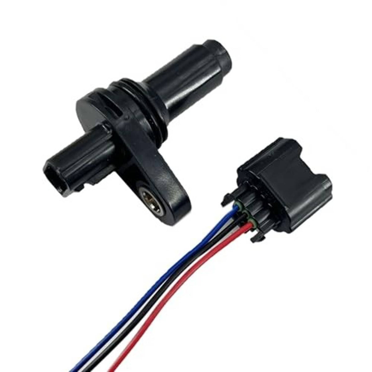 Crankshaft position sensor with black housing and blue/red/green wire connector pigtail