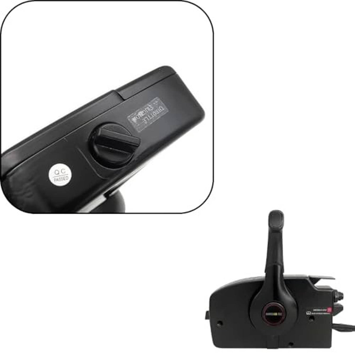 Black remote control handle with top switch label and side-mount control base